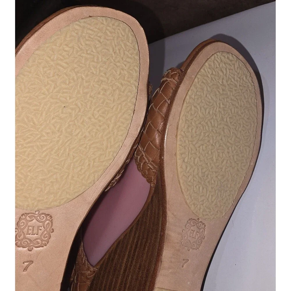 ELF ATHENA Sz 7 NWOT Hand Made Tan Basket Weave Leather Open Toe Wedge Sandals